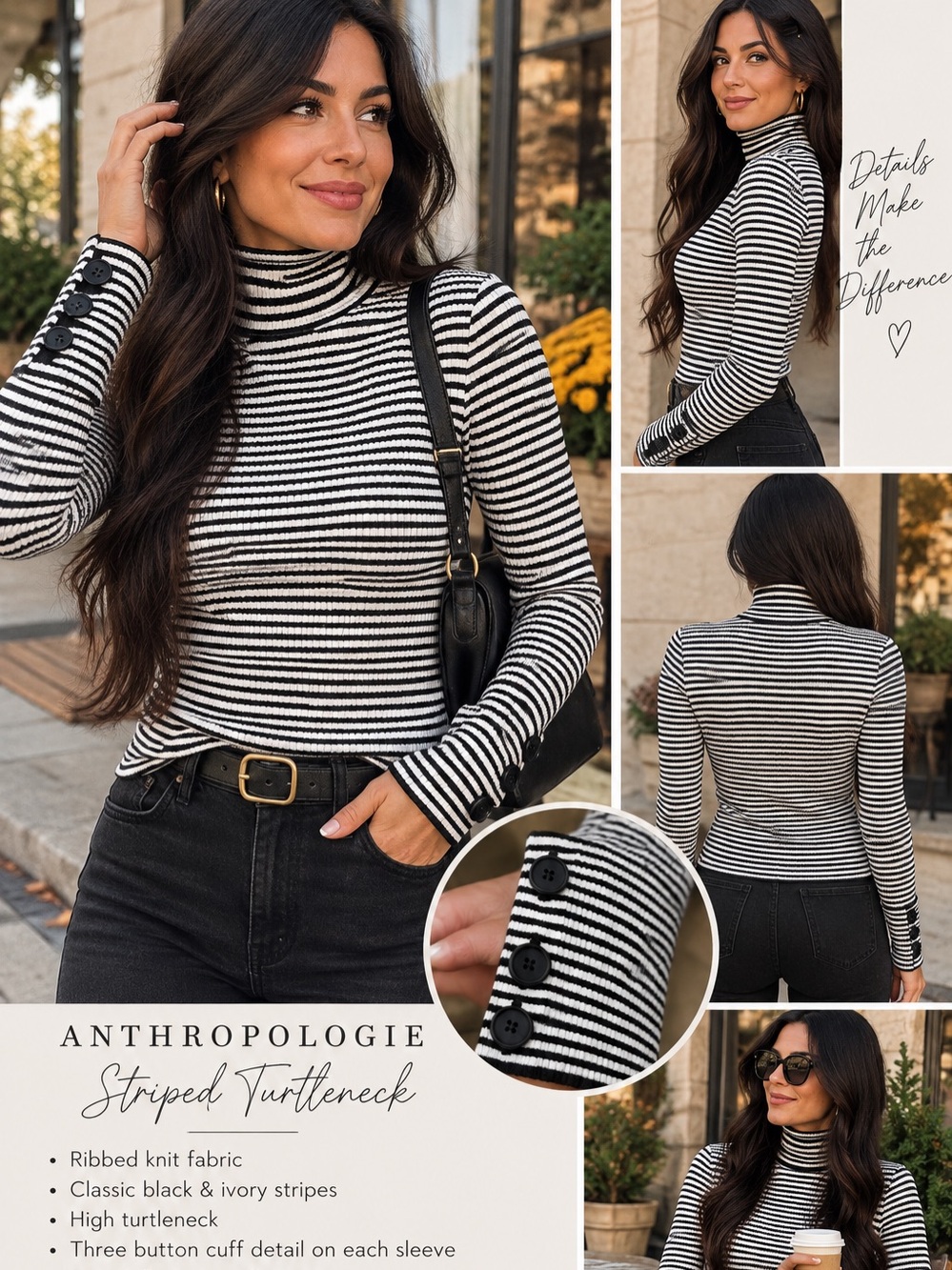 Anthropologie Black & Ivory Striped Turtleneck Tee